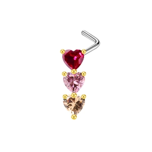 L-shaped nose stud featuring three colorful heart-shaped gems in a vertical gold setting