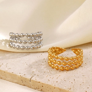 Bague ouverte ajustable à trois couches de billes en acier inoxydable doré et argent