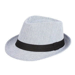 Chapeau fedora à rayures bleues et blanches style britannique avec ruban noir chic