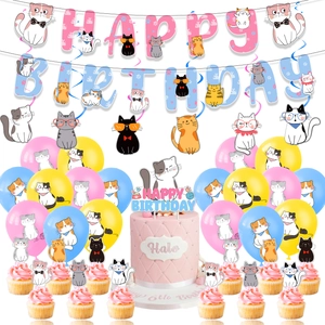 Cat Theme Birthday Party Decoration Supplies Paper Banner Cake Topper Latex Balloons Hanging Swirls Cute Cartoon For Kids