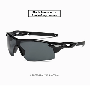 Detail of professional sports sunglasses with aerodynamic black frame and grey lenses