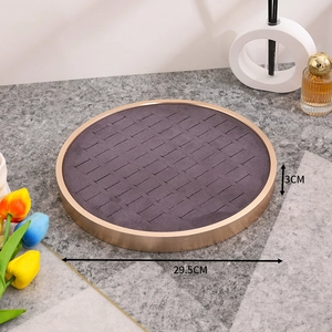 Round 29.5cm gold metal jewelry display tray with grey velvet ring slots and dimensions
