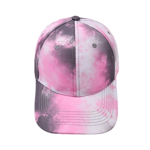 Detailed view of tie-dye baseball cap with pink and purple marble texture and curved brim