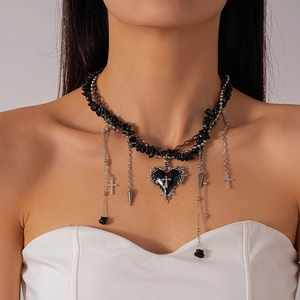 Gothic Heart Pendant Layered Necklace Cross Spikes Gravel Beads Alloy Punk Dark Style Accessory For Women