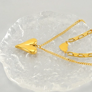 Collier double rang en acier inoxydable doré avec pendentif cœur 3D et chaîne trombone