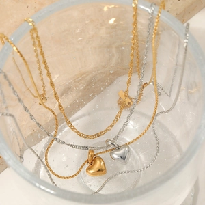 Collier double couche en acier inoxydable avec pendentif cœur en or et argent
