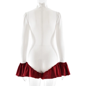 Back view of a white long-sleeved bodysuit featuring a red ruffled skirt and hidden zipper