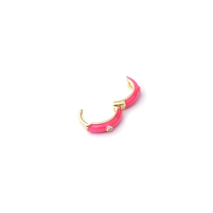 Neon pink enamel gold hoop earring with small gemstone on clean white background