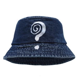 Deep blue denim bucket hat with white question mark embroidery on a clean white background