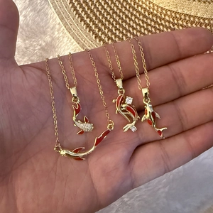 Koi Fish Pendant Necklace Stainless Steel Copper Red Enamel Rhinestone Elegant Gold Plated Clavicle Chain Jewelry