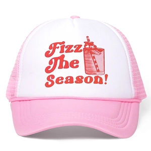 Detail of Fizz The Season print on pink and white mesh trucker hat with beverage graphic