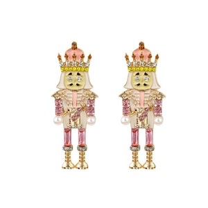 Pink nutcracker soldier earrings with colorful rhinestones and faux pearls in gold