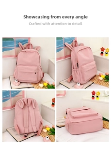 Pink backpack with rabbit ears detail showing front, side, and back views in a four-grid layout