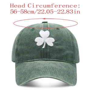 Green washed baseball cap detail showing 56-58cm head circumference measurement
