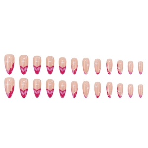 Sweet almond press-on nails with rose pink hearts and white star patterns in a 24-piece set