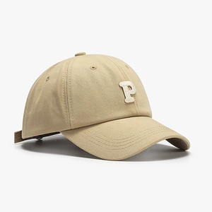 Khaki cotton baseball cap with white embroidered P letter and vintage curved brim style