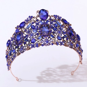 Couronne de mariée baroque luxueuse avec cristaux bleu foncé et cadre en bronze