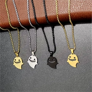 Halloween stainless steel ghost pendant necklaces in gold, silver, and black finishes