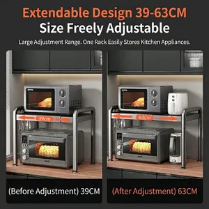 Expandable 2-tier carbon steel microwave rack adjustable from 39cm to 63cm wide