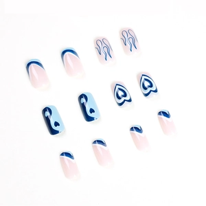 Blue flame and yin-yang heart press-on nails set in short square round shape