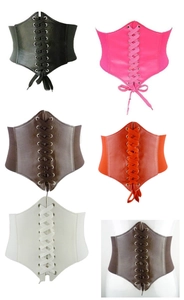 Detailed collage of wide elastic corset belts in six various colors with lace-up front design