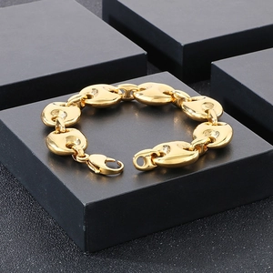 Close-up of 18k gold plated coffee bean link bracelet with secure lobster clasp