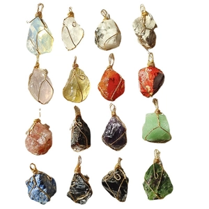 Handmade 18K gold wire-wrapped raw natural crystal stone pendants in 16 assorted colors