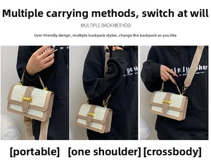 Detailed views of the khaki woven handbag showing handheld, shoulder and crossbody styles