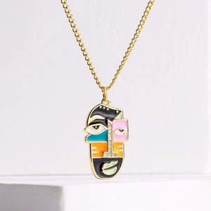Abstract Face Pendant Necklace Copper 18K Gold Plated Colorful Enamel Artistic Cubism Zircon Inlaid Jewelry For Women