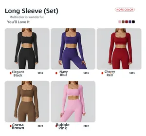 Detail view of seamless yoga set with long sleeve crop top and high waist leggings in five colors