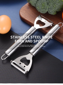 Dual-function stainless steel vegetable peeler with integrated bottle opener and hanging loop