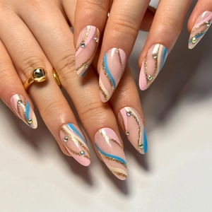 Almond Press On Nails Pink Blue Wavy Stripe Golden Glitter Rhinestone False Nail Art Tips For Women Elegant Chic