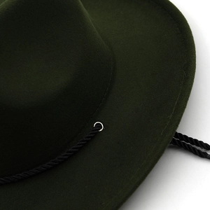 Detail of dark green wool felt jazz hat showing the textured fabric and black cord trim