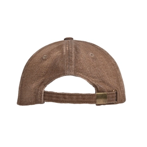 Detail view of adjustable metal buckle and breathable eyelets on washed cotton baseball cap