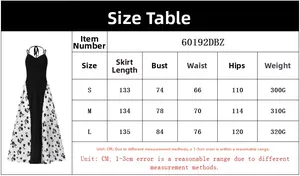 Guide des tailles détaillé pour robe longue dos nu avec mesures poitrine, taille et hanches