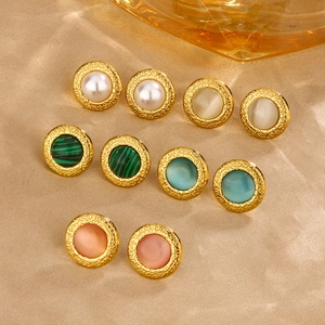 Round Stud Earrings 18K Gold Plated Titanium Steel With Synthetic Artificial Pearl And Cat Eye Stone French Vintage Style For Women