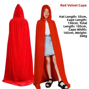 Detailed size chart for red velvet hooded cloak showing 150cm length and 165cm width