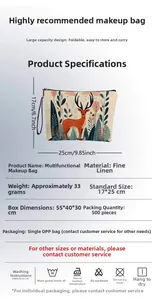 Detailed view of forest deer pouch showing 25x17cm dimensions and linen texture