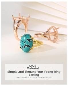 Detail of S925 silver four-prong ring settings with gold and rose gold finishes
