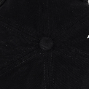 Close-up detail of the black cotton baseball cap showing top button and reinforced stitching