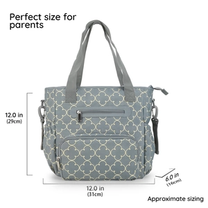Detailed size specifications for the 7-piece grey diaper bag with floral patterns