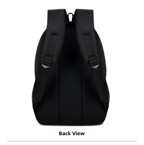 Ergonomic back view of a black oxford backpack with breathable mesh padding and S-shaped straps