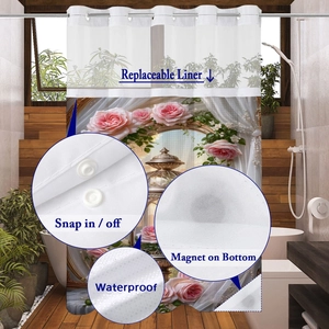Detail of waterproof rose shower curtain with replaceable snap-on liner and magnetic bottom