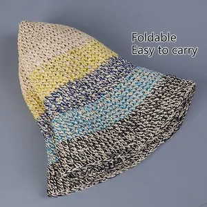Foldable crochet straw hat with colorful striped pattern for sun protection and travel