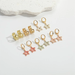 Minimalist gold star earrings collection with colorful enamel and zircon stones