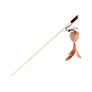 Cat teaser wand with natural wooden handle, sisal mouse toy and brown feathers