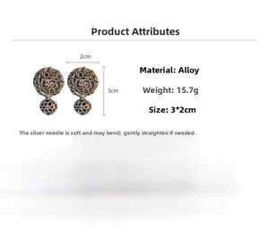 Macro detail of retro hollow geometric earrings with clear product dimensions and specs