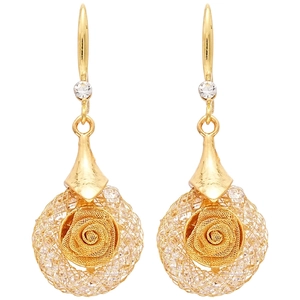 Elegant gold flower hoop earrings with crystal drop and mesh metal rose pendant