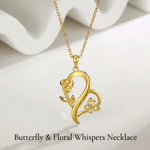 925 Sterling Silver Heart Pendant Necklace Rose Flower Butterfly Rhinestone Inlaid Adjustable Chain Women Fashion Jewelry
