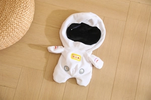 Detailed view of astronaut plush suit with control panel embroidery and hood